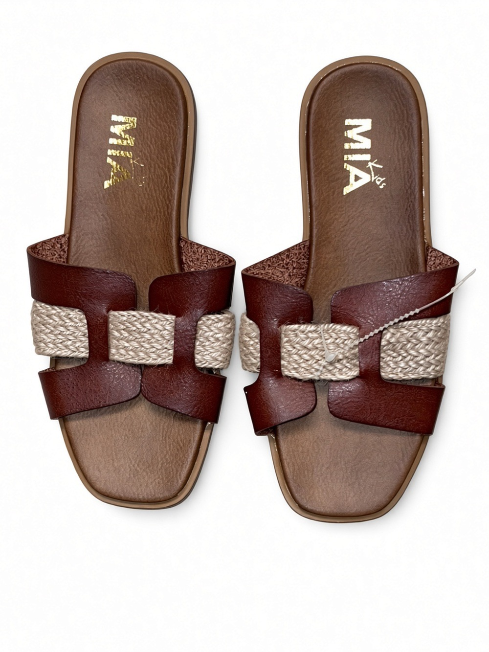 Mia Elayney Girls Brown Leather Slide Sandals with Natural Woven Accent Size 1